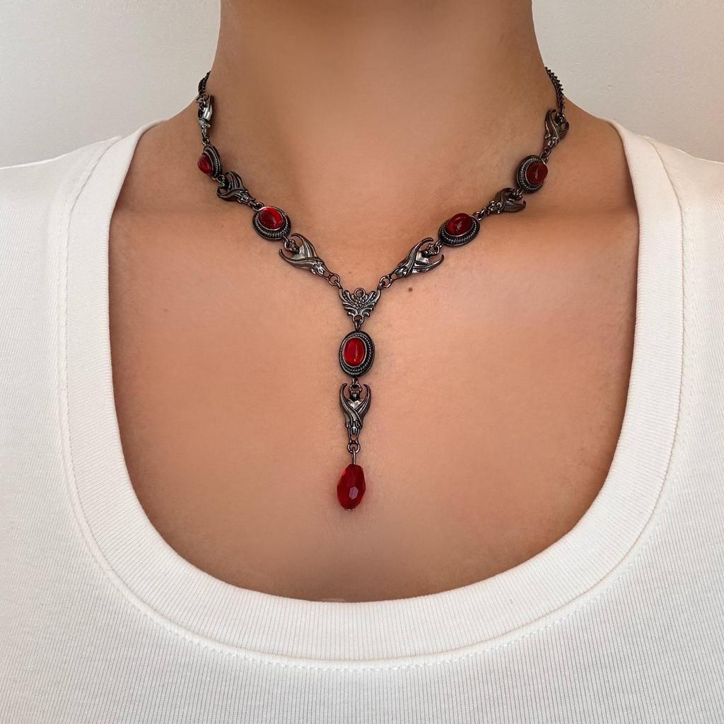 Gothic Blood Drop Pendant & Earring Set: Halloween Black & Red Color-Block Design