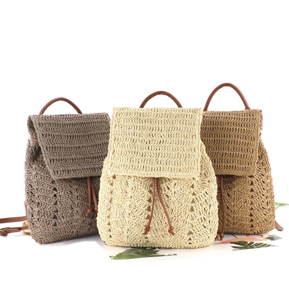 Ladies Beach Bag Summer Handmade Woven Handbags Bohemian Straw Weaving Backpacks Women Fashion Rucksack Large Capaacity Knapsack