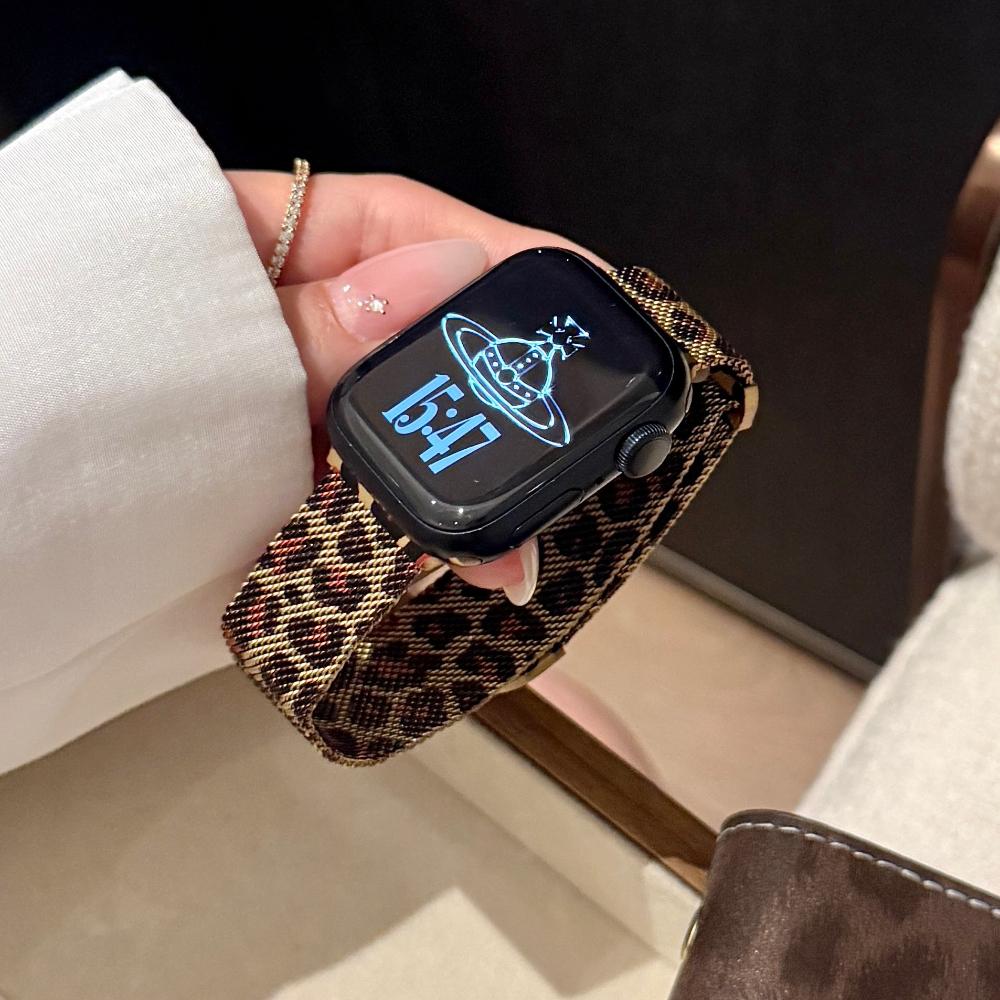 Milanese Loop strap For Apple watch band 46mm 45mm 44mm 40mm 41mm Leopard Print Magnetic bracelet for iWatch Series 11/10/9 8 7 6 SE3/Ultra 2 3 4 49mm