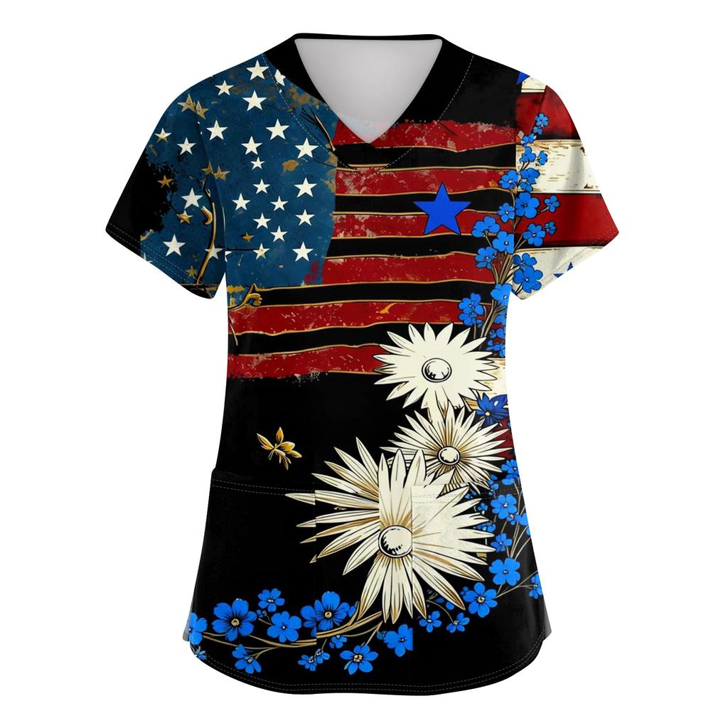Women's Short-Sleeve Independence Day Print V-Neck Pocket Workwear Top
