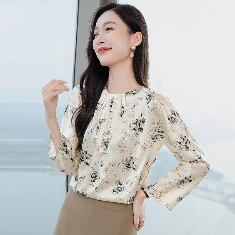 

Silk Long Sleeve Shirt 2025 - Spring Fashion Print, Korean Style, Age-Reducing Top A3639 XXXL білий/вершковий