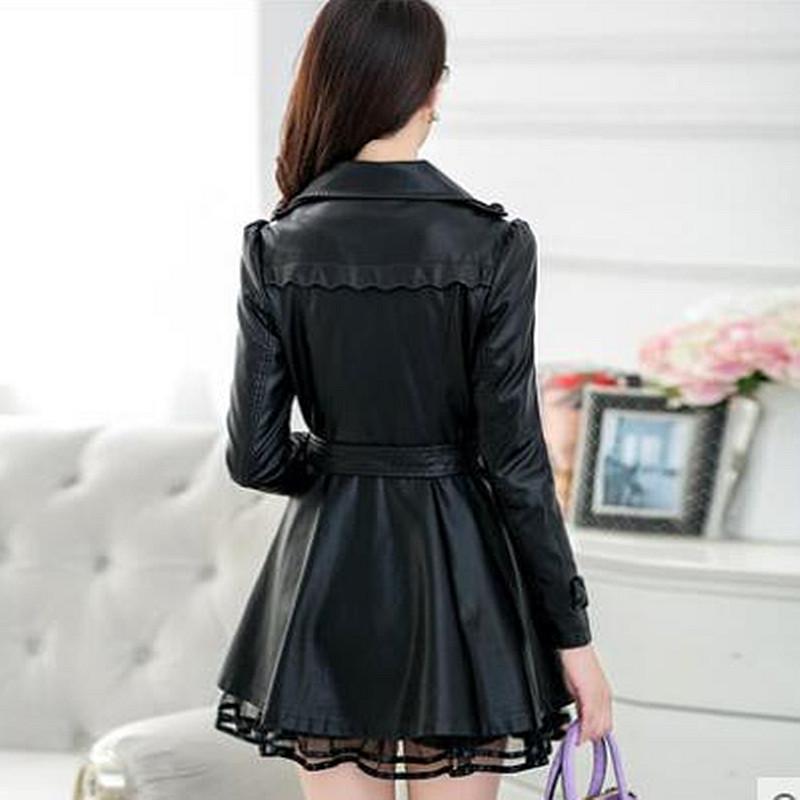 Long Leather Jacket Women Leather Coat Female Autumn Ladies Lace Leather Jackets Coats Black