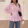 Women Turn Down Collar Long Sleeve Striped Print Slim Waist Casual Blouse Shirts