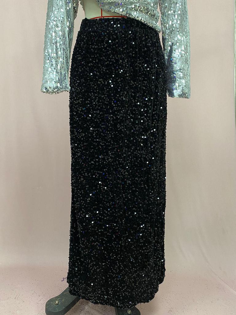 2025 High Waist Sequined Midi Skirt with Elastic Back Slit for Women