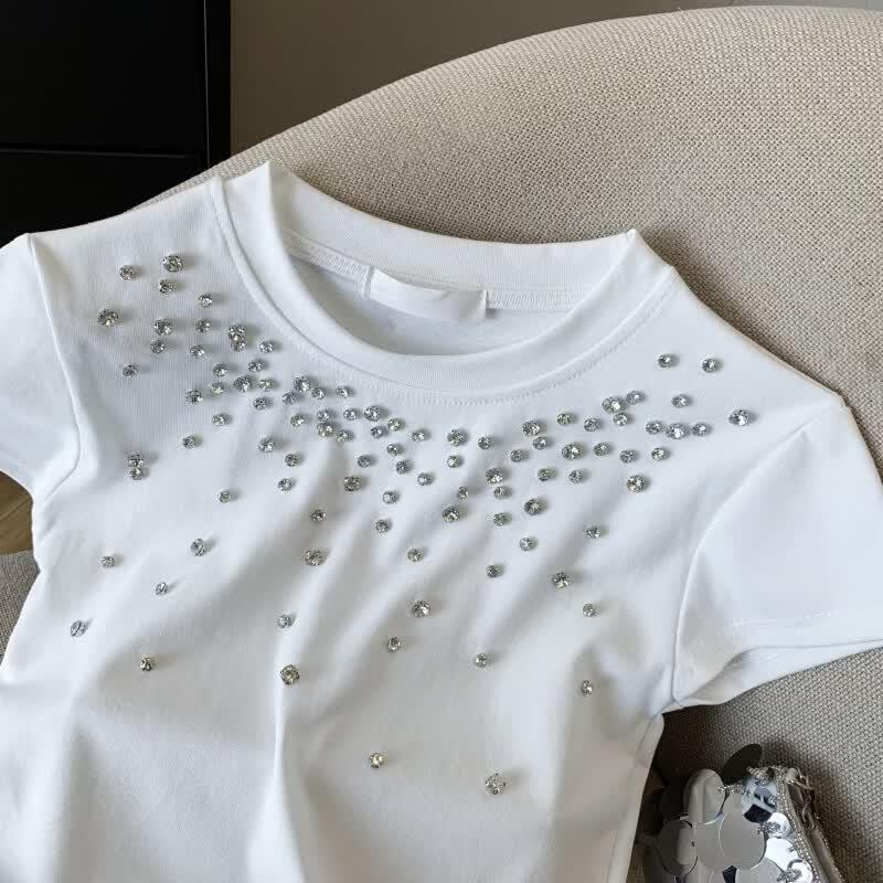 La Chapelle Rhinestone Ribbed Short Sleeve T-Shirt