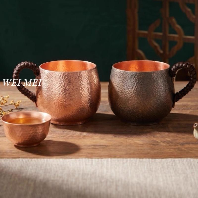 Handcrafted Pure Copper Vintage Coffee Mug,Home 350ml Tea Cup,Outdoor Camping Engraving Hammer Texture Cold Drink Cup Drinkware