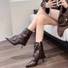 Fashion Ankle Boots Women Black Beige Brown Microfiber Leather Women Short Boots Pointed Toe Stiletto High Heel Winter Ladies Boots