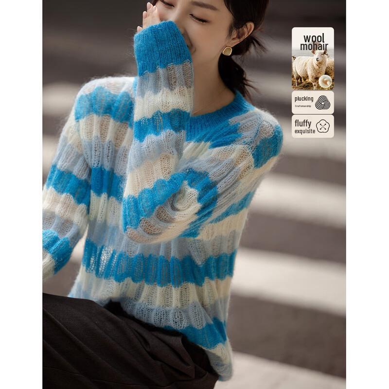 Demana Women's Merino Mohair Blend Hollow-Out Striped Knit Sweater