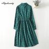 2026 New Arrival Spring Autumn Women Midi Dress Turn-Down Collar Navy Blue Green Print Lace Up Dress Long Sleeve Vintage Elegant Dress