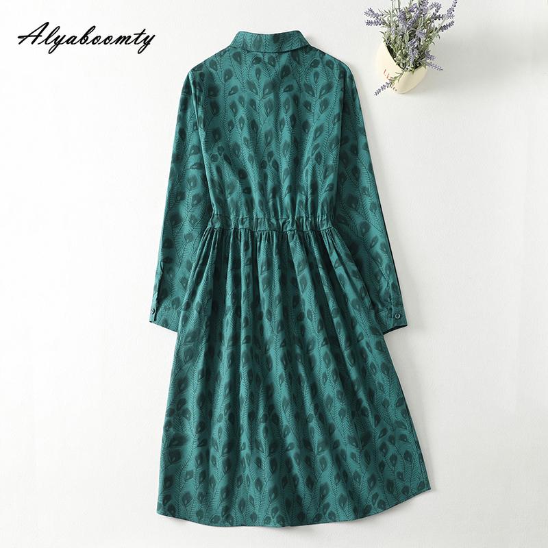 2026 New Arrival Spring Autumn Women Midi Dress Turn-Down Collar Navy Blue Green Print Lace Up Dress Long Sleeve Vintage Elegant Dress