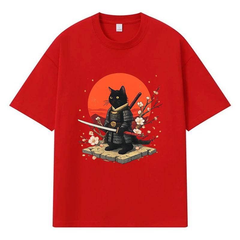 2026 Black Cat Samurai Printed Graphic Y2k Harajuku Streetwear 100% Cotton T Shirt Casual Oversized Summer Men T-shirt