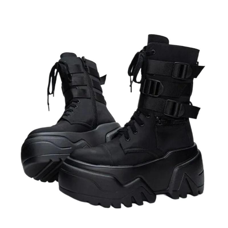 Fashion Women Ankle Booties Autumn Leather Chunky Shoes Woman High Platform Breathable Sneakers 9CM Thick Sole Wedges Motorcycles Boots