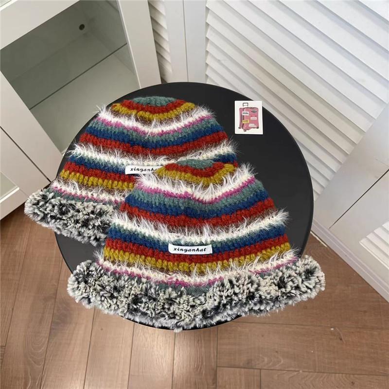 Autumn and Winter New Knitted Bucket Hat Women's Niche Contrasting Color Striped Plush Warm Ear Protector Washbasin Hat