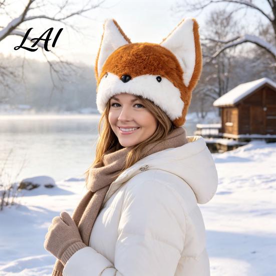 Double Sided Plush Headwear Animal Hat Fox And Wolf Double-sided Hat with 3D Ears Cute Pointed Ear Fuzzy Warm for Men Women Cosplay Party