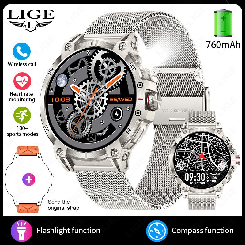 Steel 1.85" Bluetooth Call Smart Watch Men Sports Fitness Tracker Watches Outdoor LED Flashlight Compass Smartwatch 760mAh