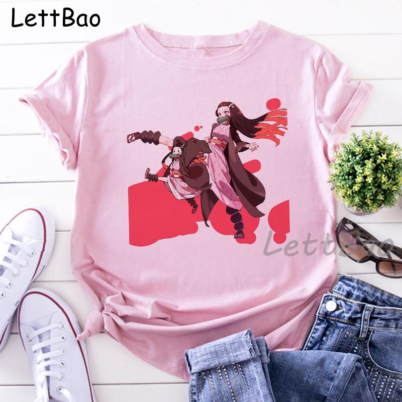 Nezuko Kimetsu No Yaiba Funny Graphic Pink T Shirts Women Vintage Anime Print Tee Shirt 90S