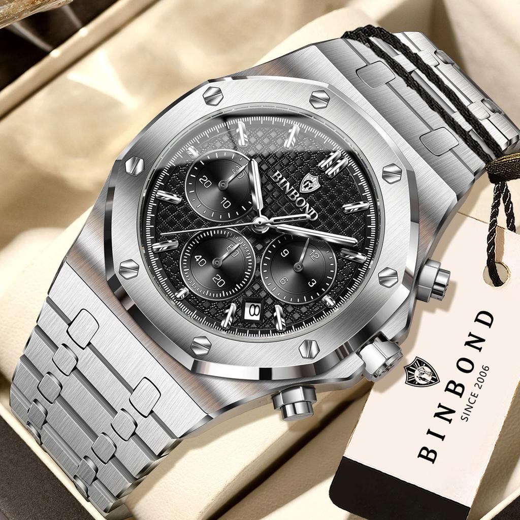 Mens Chronograph Wrist Watch Stainless Steel Band Analog Quartz Watches Waterproof Luminous Calendar Multi‑Dial Business Casual Watch for Men