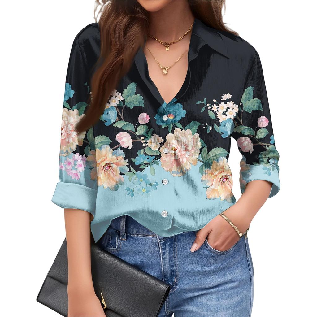 Women's Fashionable Casual Loose Floral Print Long,sleeved Shirt