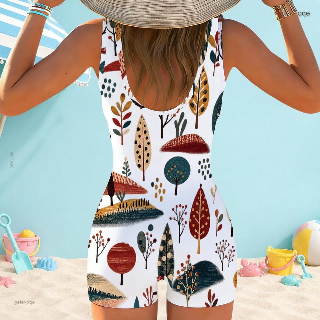 Women Plus Size Square Neck Wide Straps One Piece Boyshort Landscape Printed Swimsuit