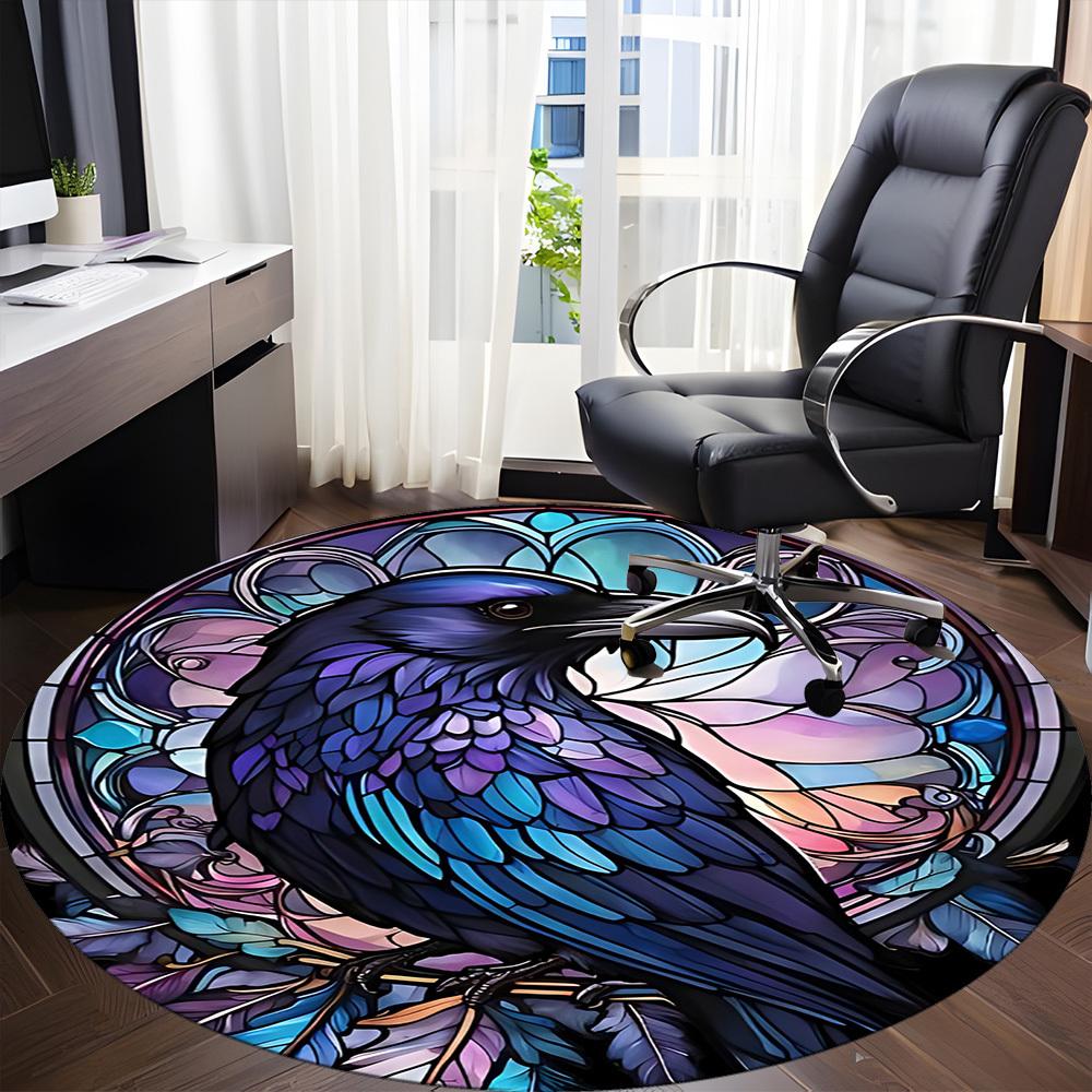 1pc Stained Raven Glass Office Round Area Rug, Under Office Chairs Bedroom Living Room Home Decor, Room Deco