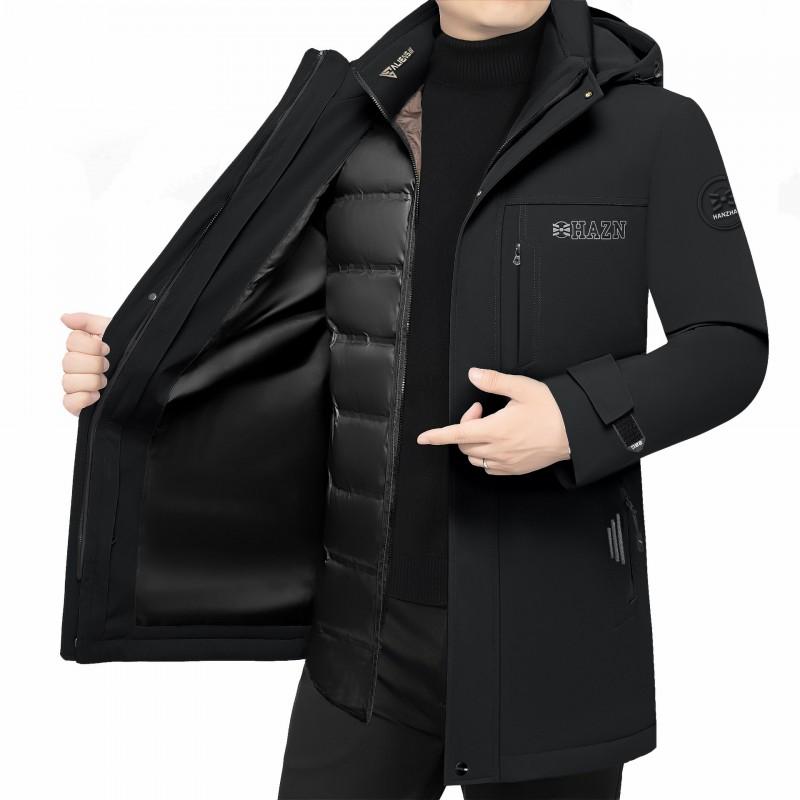 Mens Long Winter Down Coat With Hood Slim Fit 95% White Goose Warm -20C Casual Business Style