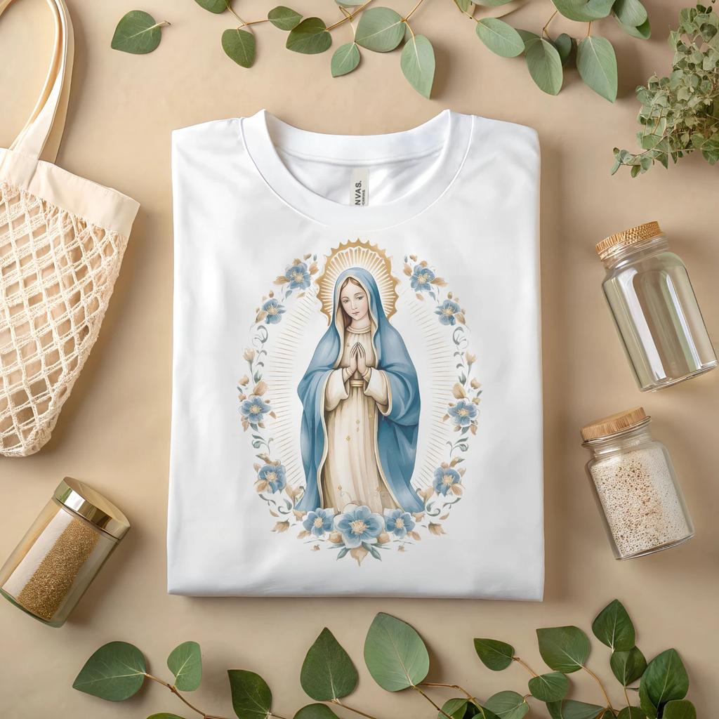 Virgin Mary Our Lady Graphic Tee with Blue Floral Frame Christian Religious A154