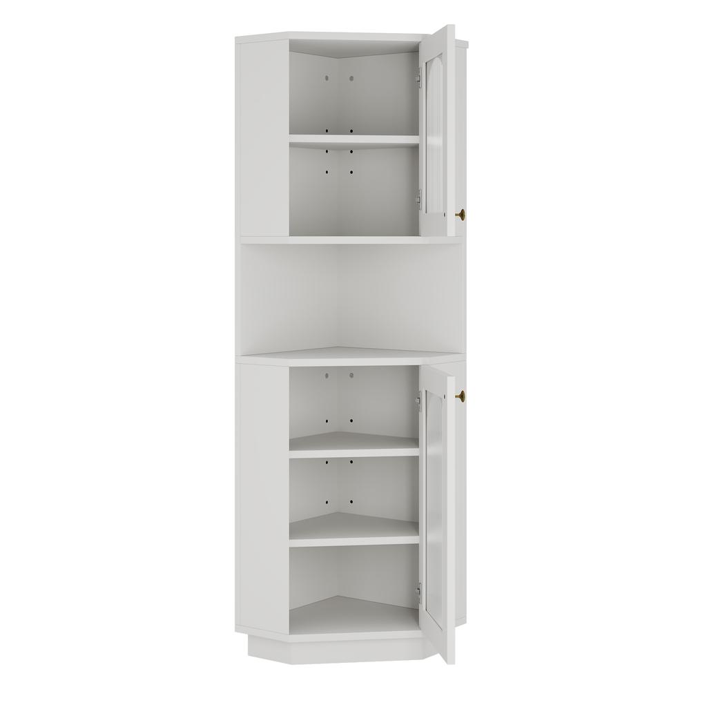 Bathroom Cabinet with Light Strip, Corner Cabinet with Two Storage Compartments, Open Compartment with Adjustable Shelves, 45x 45 x 166.5 cm, White
