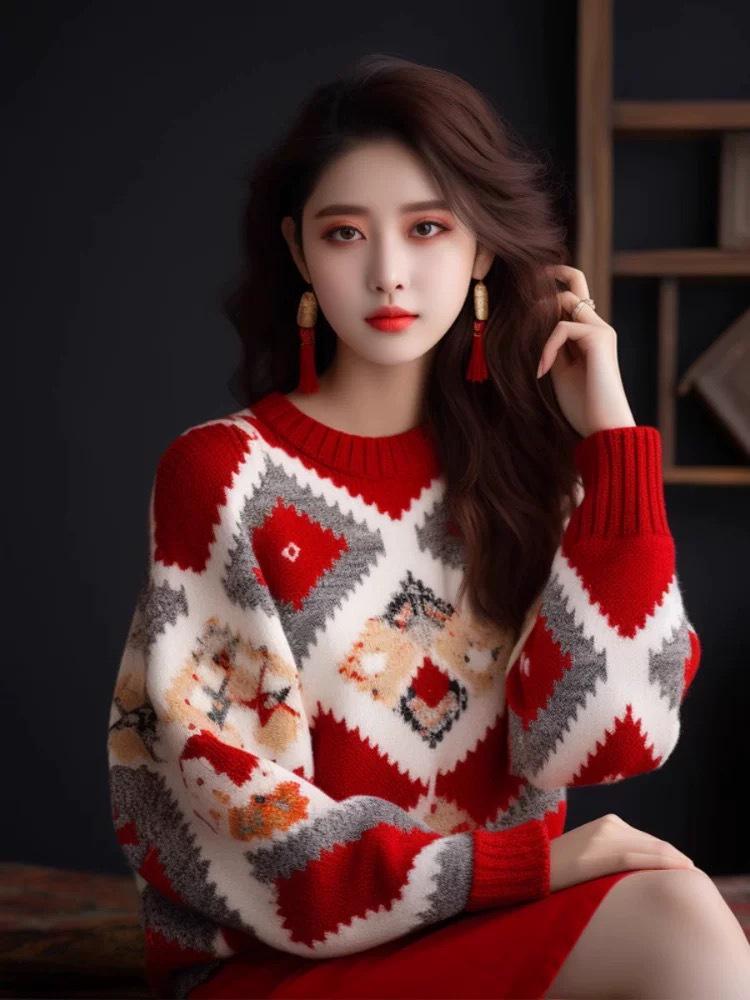 

Women s Thickened Jacquard Knit Sweater: Autumn/Winter 2025 Fashion, Loose Fit, Half-High Collar 4XL (150-165 jin) китайский красный