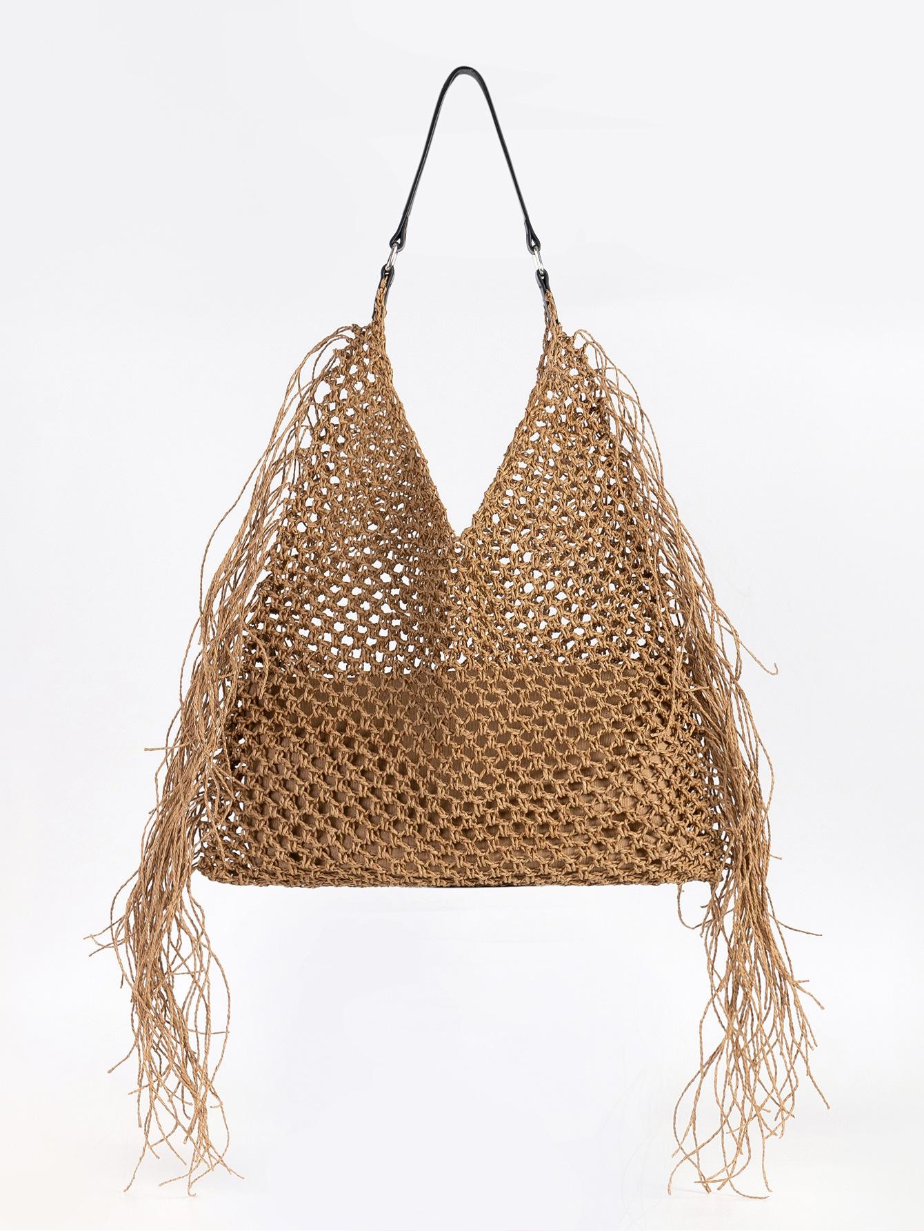 2025 new straw woven bag fringed papyrus woven bag cross-border popular shoulder women s bag абрикосовый