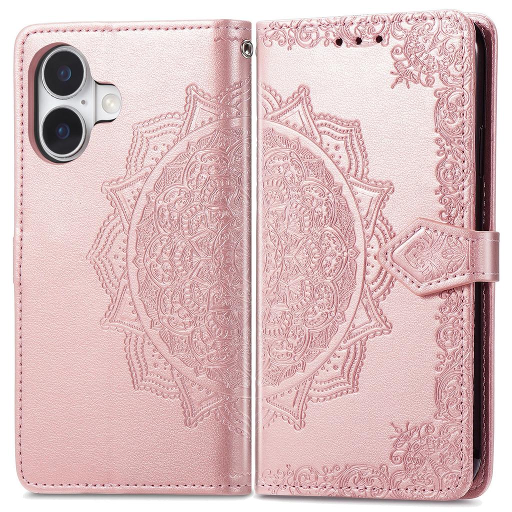 For iPhone 16 Case Embossed Mandala Pattern Leather Phone Cover Wallet Card Slot Holder