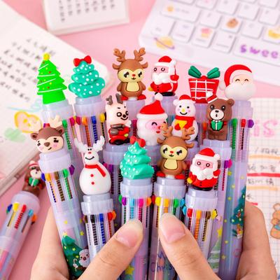 Caneta Esferográfica de Desenho Animado de Natal de 10 Cores com Ação de Clique – Presente de Papelaria Fofa para Estudantes.