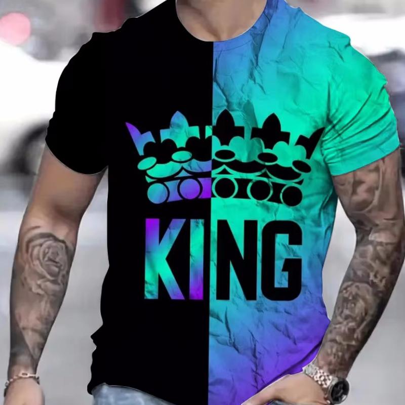 Summer Round Neck 3D King Pattern Print Top Fashionable Casual Short Sleeved Men's T-shirts
