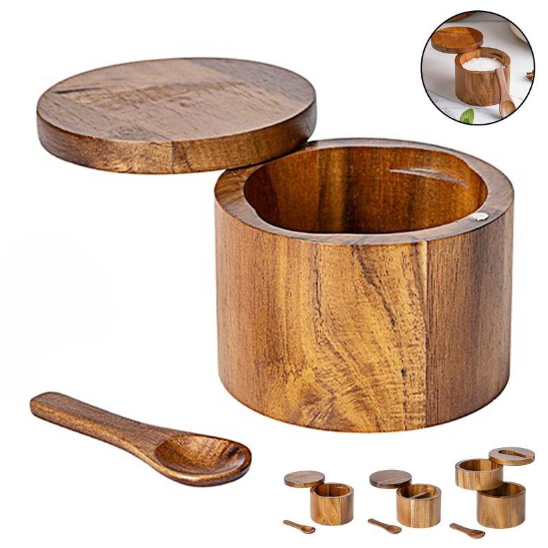 Saleiro e Pimenteiro de Madeira de Acácia, Frascos de Madeira Natural para Especiarias, Recipientes de Armazenamento de Condimentos de Cozinha para Sal, Pimenta, Especiarias