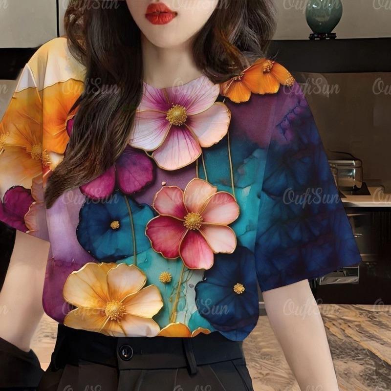 Summer Trendy Colorful Flower Pattern 3D Digital Print T-Shirt round Neck Short Sleeve Casual Women's Fashion Polyester Fiber Breathable
