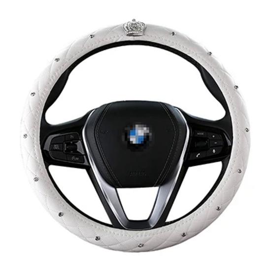 DERMAY Luxury Crystal Crown Studded Rhinestone PU Leather Car Steering Wheel Cover Diamond Steering For Women Girl Car Styling