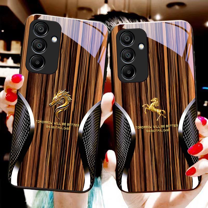 Wood Grain Snake For Samsung Galaxy A15 5G 54 4G 51 50 24 35 90 71 12 51 53 52S 80 22 34 Black Tempered Glass Phone Case