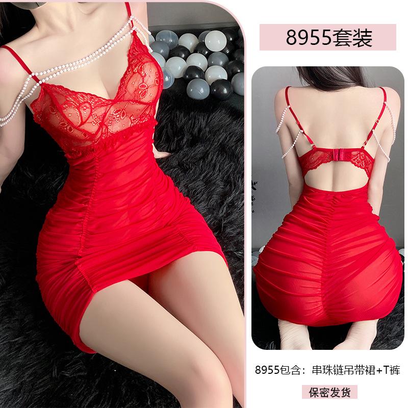 Erotic Underwear, Sexy Pearl chain strappy nightgown, Women's Mesh see-through Seductive Pleated Slimming pajamas 8955