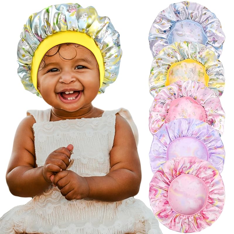 5 Pcs Kids Bonnet for Girls Silk Bonnet Sleeping Kid Baby Toddler Wide Band Night Sleep Caps Colorful Night Hats Natural Hair 5pcs-unicorn B