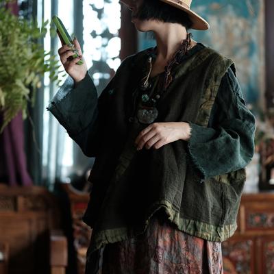 Veste de damă vintage, paltoane patchwork colorate, toamnă, cu nasturi, gât O, fără mâneci, largi