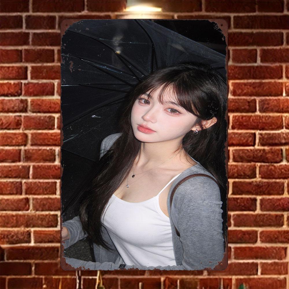 

HD Tin Sign Vintage Asian Girl in White Cami Top Gray Cardigan Holding Black Umbrella Metal Wall Art Retro Decor for Home Bar 20x30cm（7.8x11.8inch）