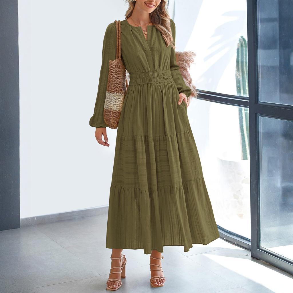 Women's Fashion V-neck Pleated, Waist-cinching, Wide-swing Long-sleeved Dress