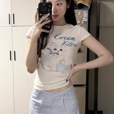 Summer Cotton Women's T Shirt Cute Cartoon Print Casual Slim Fit Round Neck Short Sleeve T-Shirts Harajuku White Y2k Top