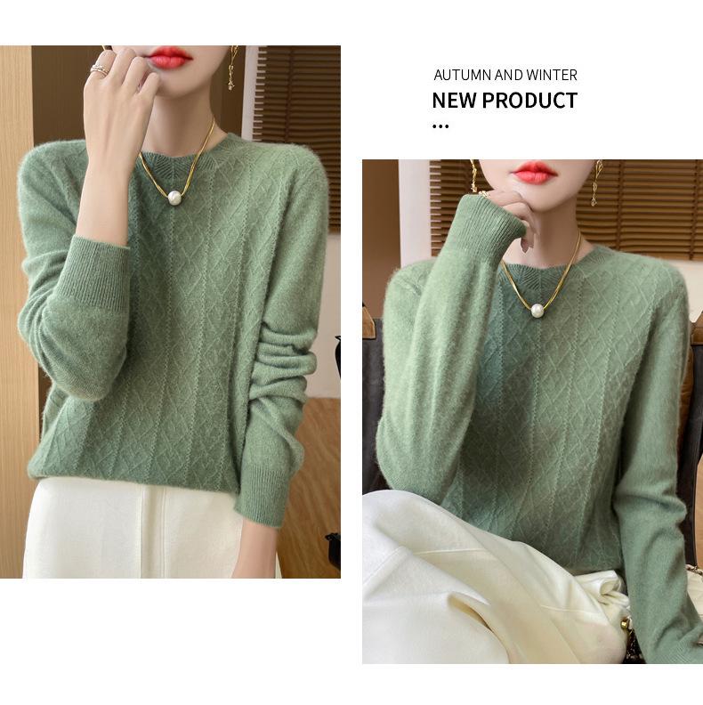 Women's Cable Knit Pure Wool Sweater, 2024 Autumn/Winter, Solid Color, Round Neck, Warm Base Layer.