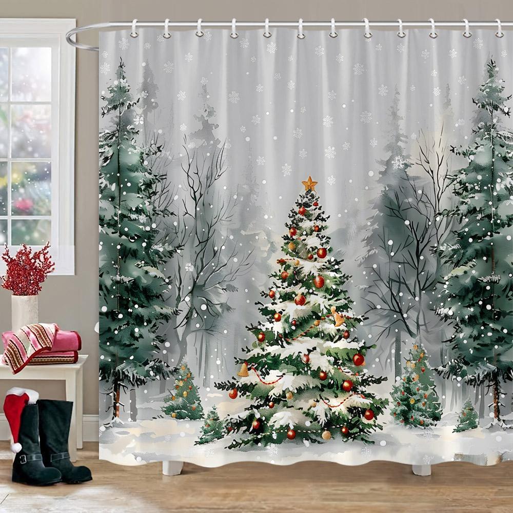 Christmas Printed Shower Curtain Cute Snowman Red Truck Christmas Tree Socks Gifts Winter Fabric Shower Curtains Bathroom Decor