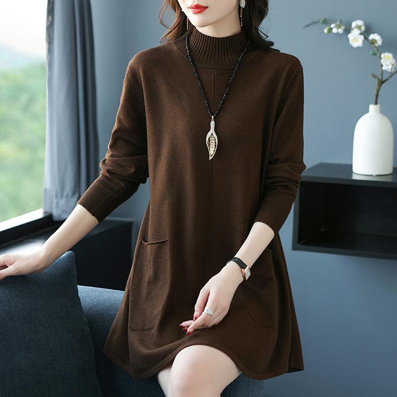 Large-sized Half Turtleneck Sweater Loose and Casual Mid-length Pullover for Women Solid-color A-line Knitted Dress