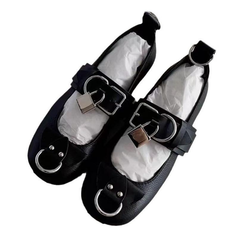 Flat-soled Single Shoes Spring and Autumn New Metal Buckle Ballet Round Head Black Mary Jane Shoes Women