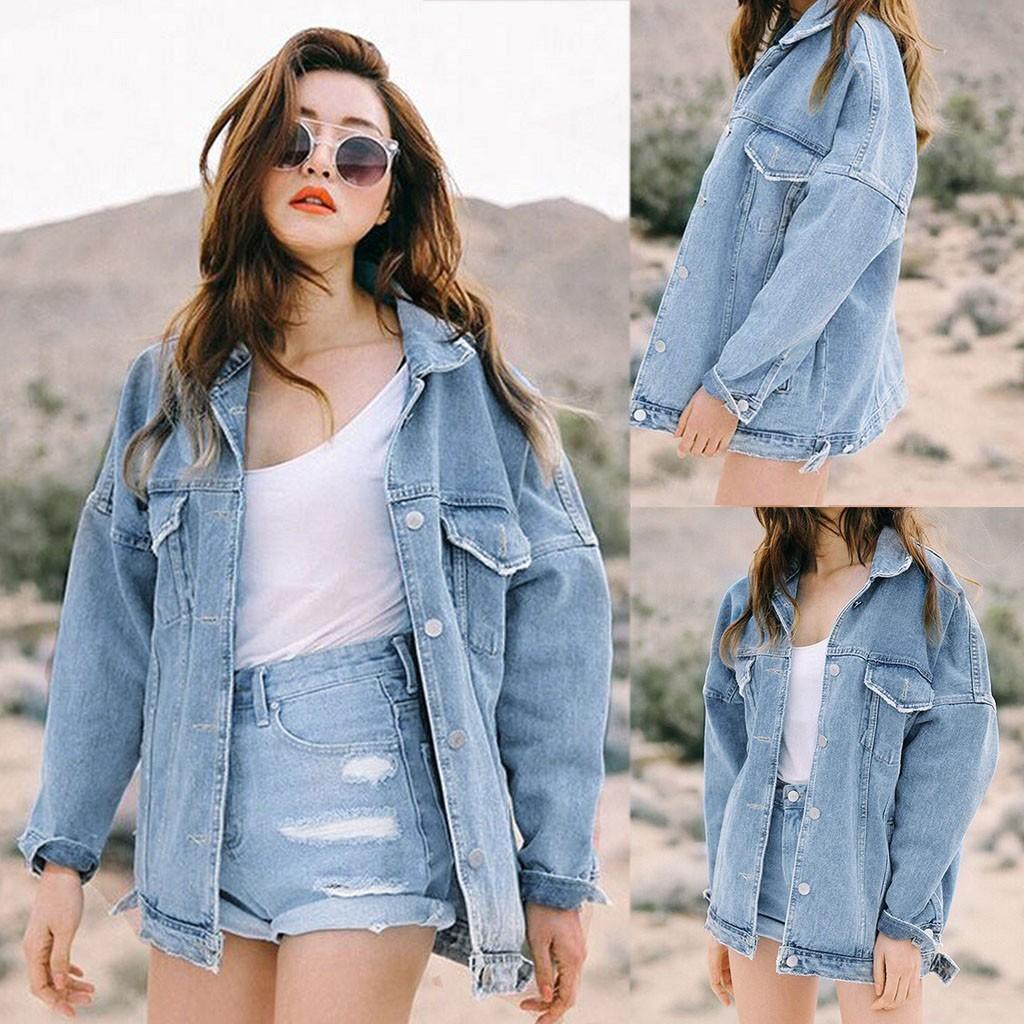Frauen Retro Oversize Lose Knopf Jacke Casual Denim Jeans Taschen Mantel Outwear