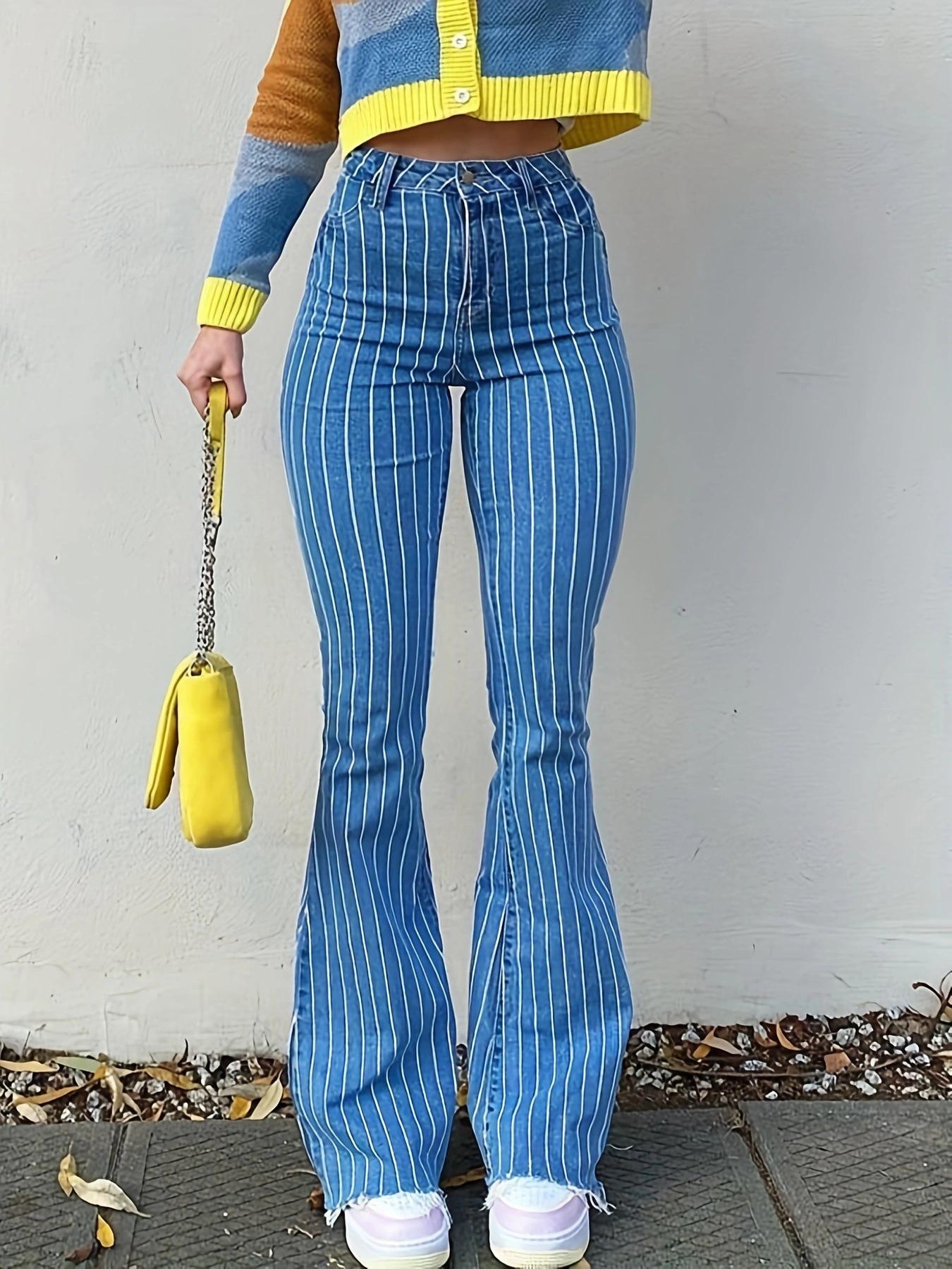 

Women s High Waist Striped Flare Jeans with Raw Hem - New Style for a Chic European and American Look Small синий