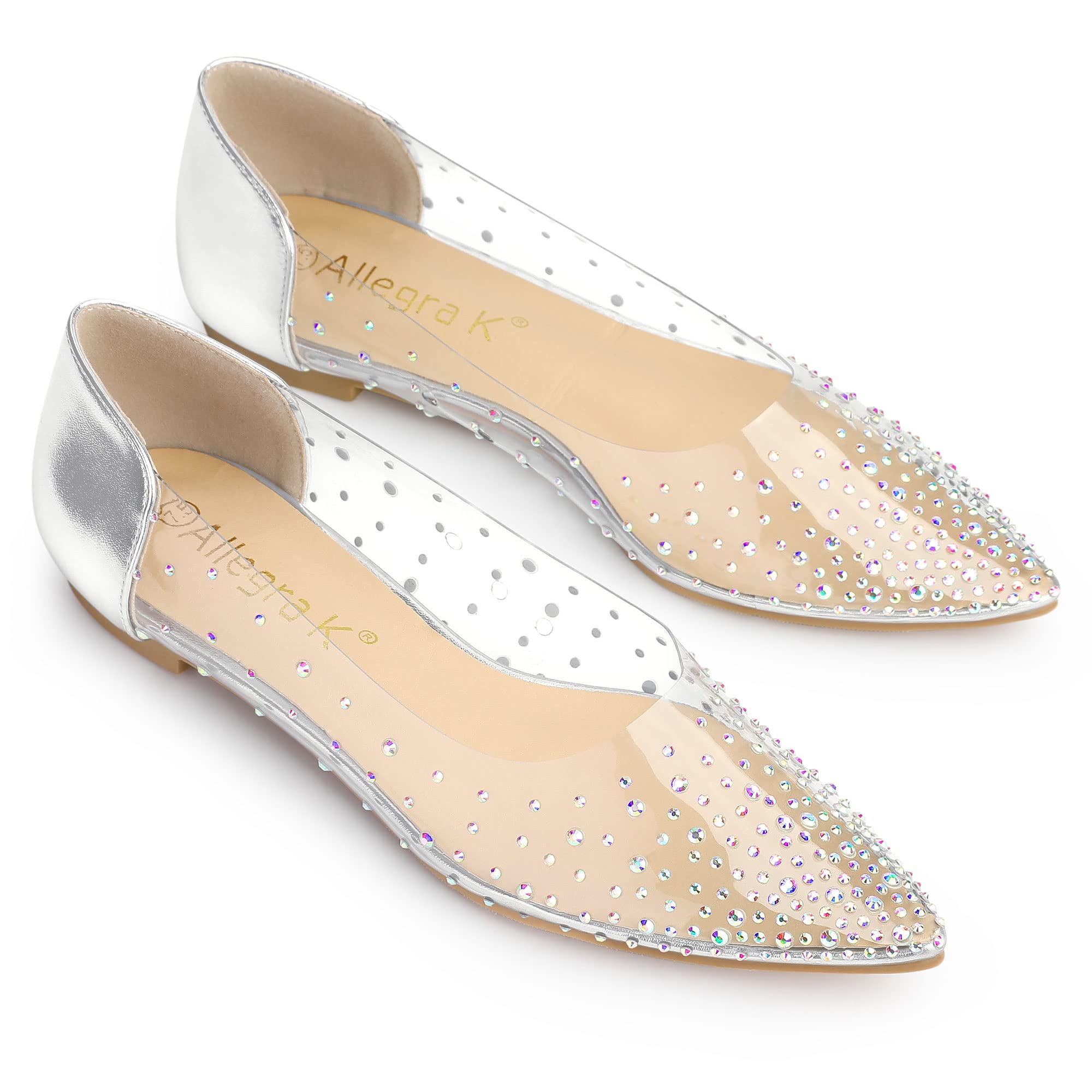 

Allegra K Women s Ballet Flats, Flats, Low Heel, TPU, Clear Rhinestones, Silver, Size 23.0cm