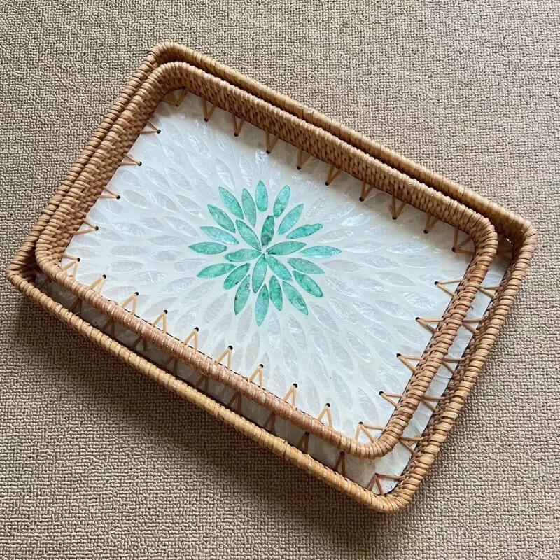 

Square Green Leaf Rattan Shell Tray Set